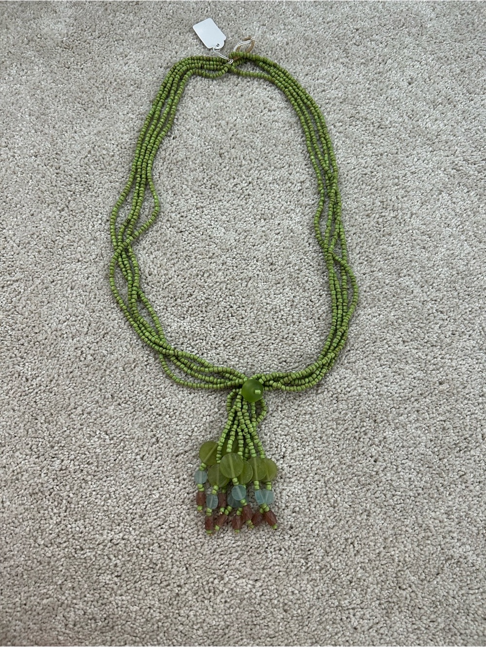 Green Beaded Multi-Strand Tassel Necklace
